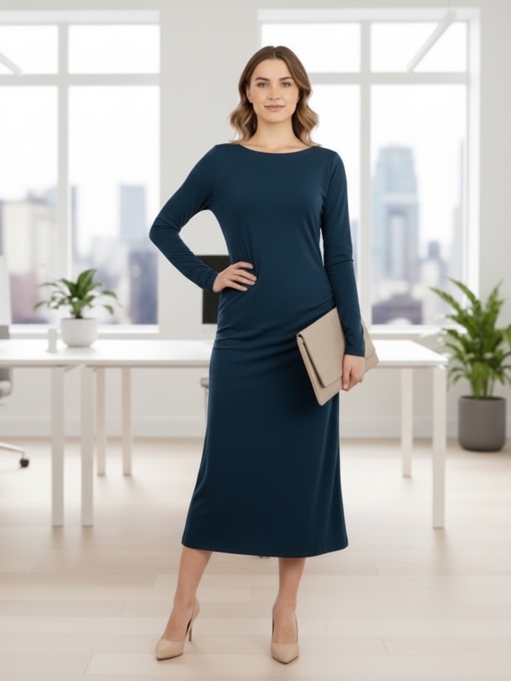 OGL Built in Bra Slate Blue Cinched Sides Fit-Flare Long Sleeve Midi Dress | NWT